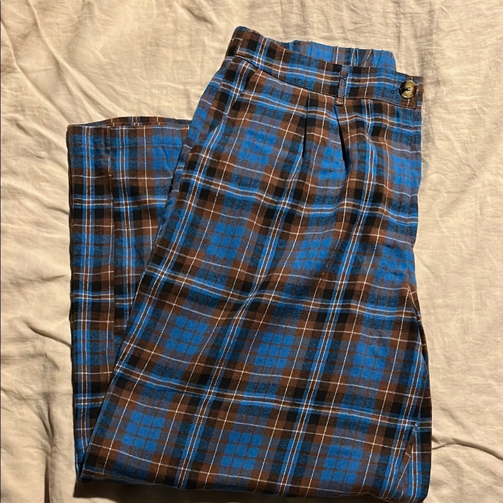 Dressed in LALA Rebel Road Plaid Wide Leg Trousers in Blue + Brown Sz 2X